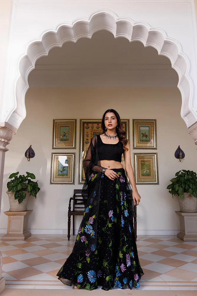 Black Hand-Painted Chiffon Lehenga With Mukaish Work & Hand Painted Organza Dupatta