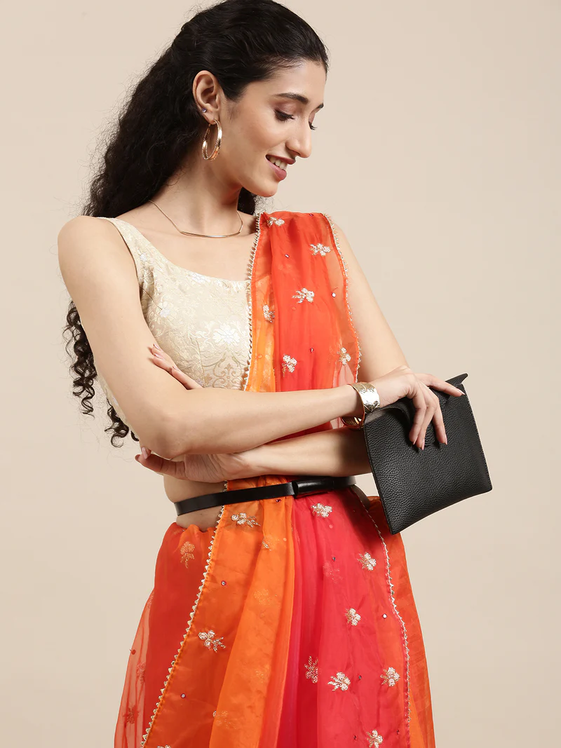 Orange & Red Shaded Handcrafted Organza Saree
