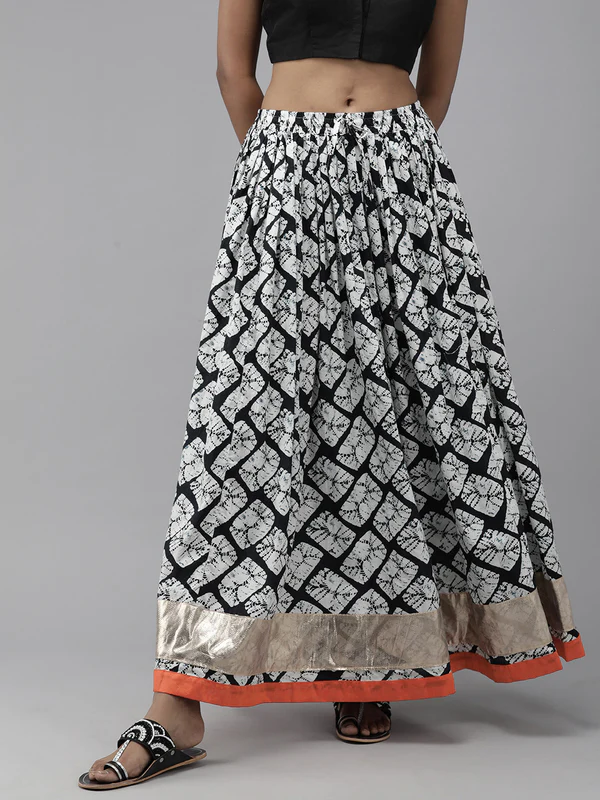 White & Black Hand Block Printed Cotton Skirt With Magzi Border