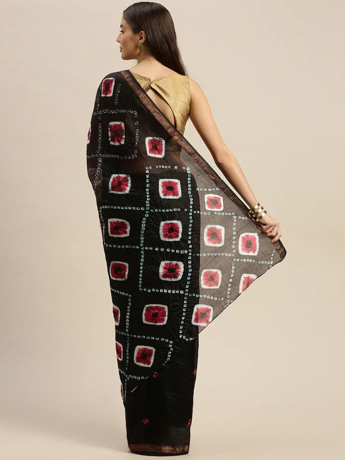 Black & Red Bandhani Zari Art Silk Bandhani Saree