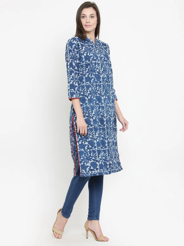 Women Blue Printed Straight Kurta