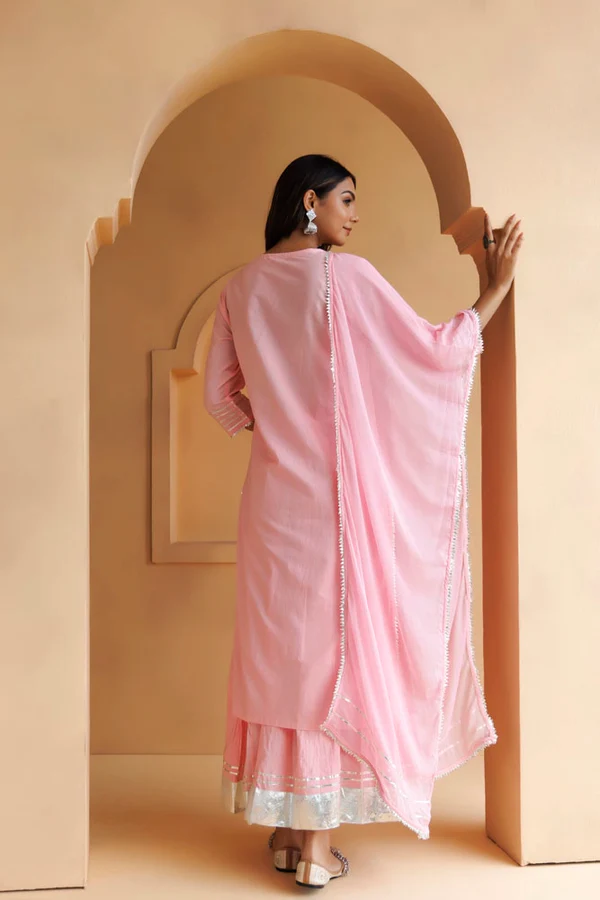 Pastel Pink Handcrafted Straight Cotton Kurta Set With Dupatta