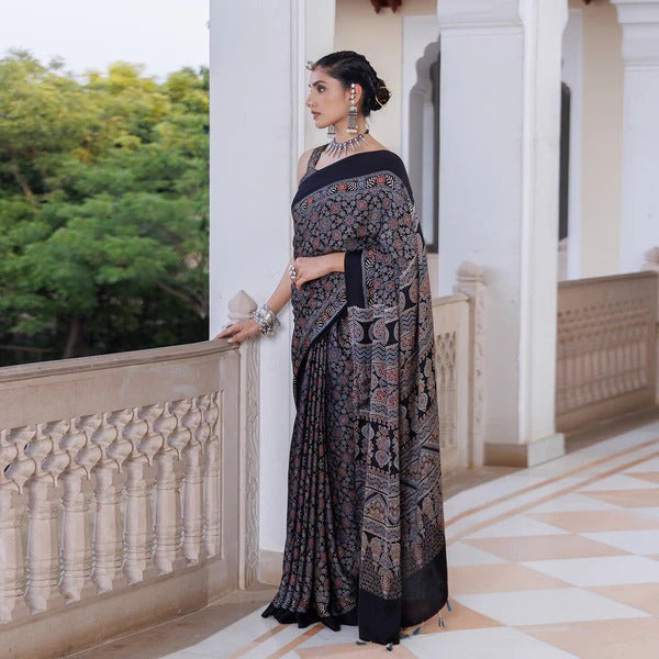 Black Hand Block Printed Silk Ajrakh Saree
