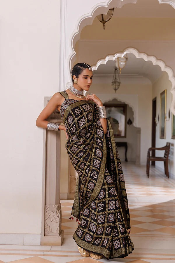 Artisanal Black Ajrakh Saree With Zari Check Embellishments