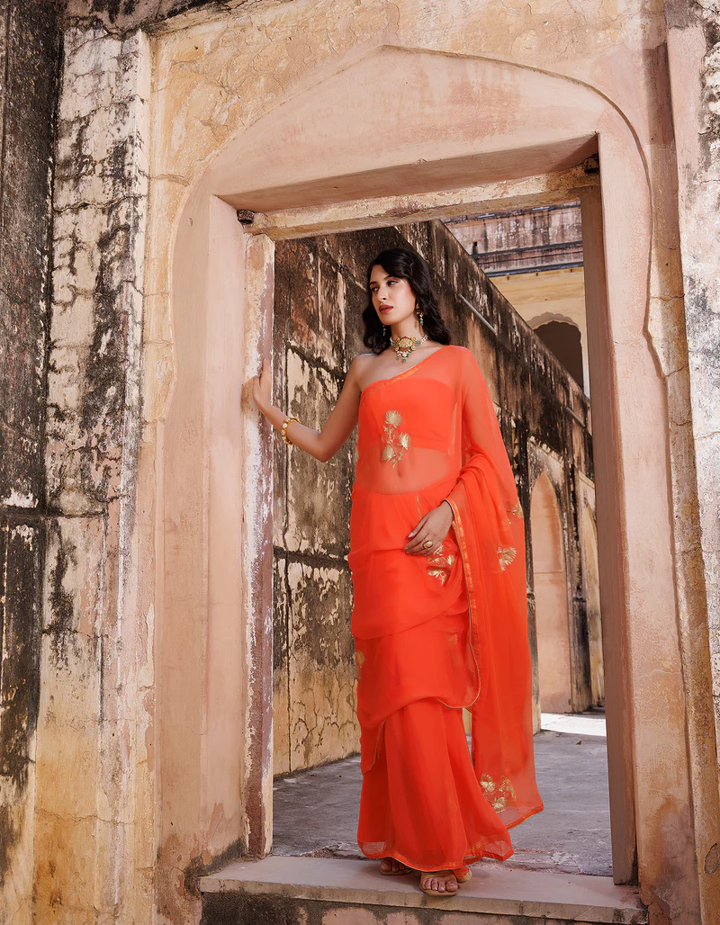 Orange Hand Embroidered Aari Work Chiffon Saree