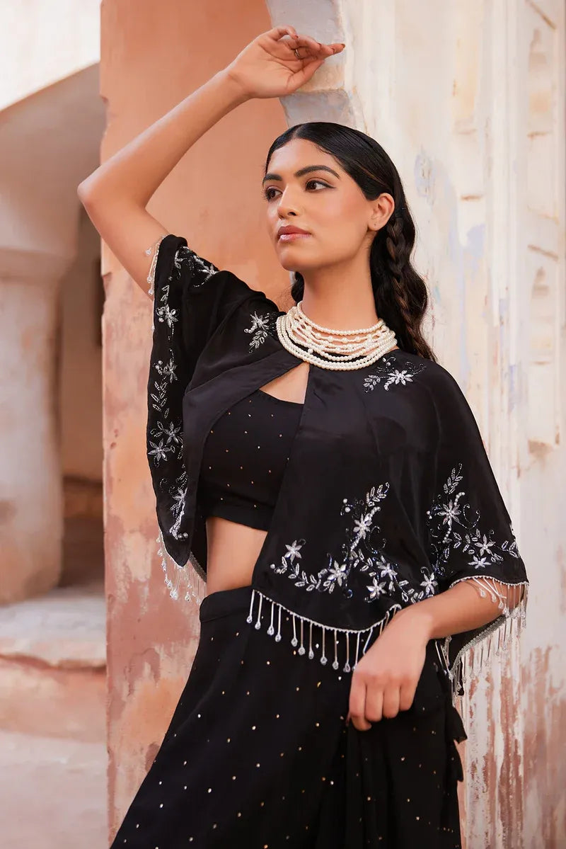 Black Chiffon Mukaish Lehenga With Black Hand Embroidered Cape