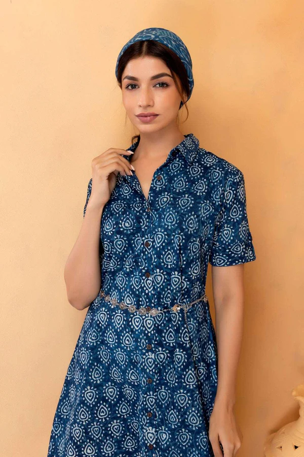 Blue Hand Block Printed Cotton Shirt Dress With Silver Belt