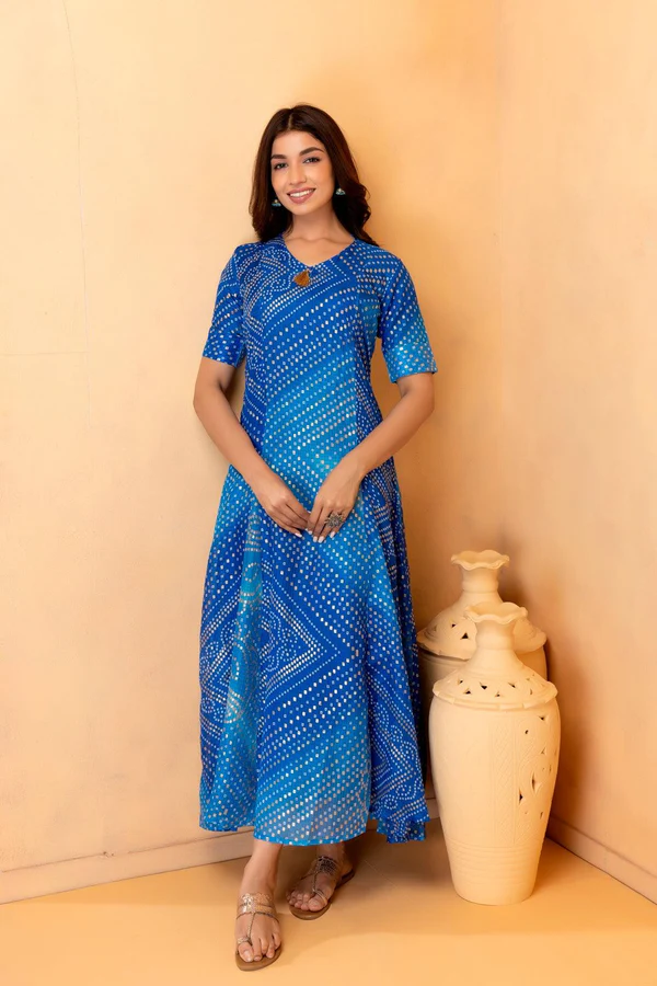 Blue Hand Dyed Kota Silk Bandhani Dress