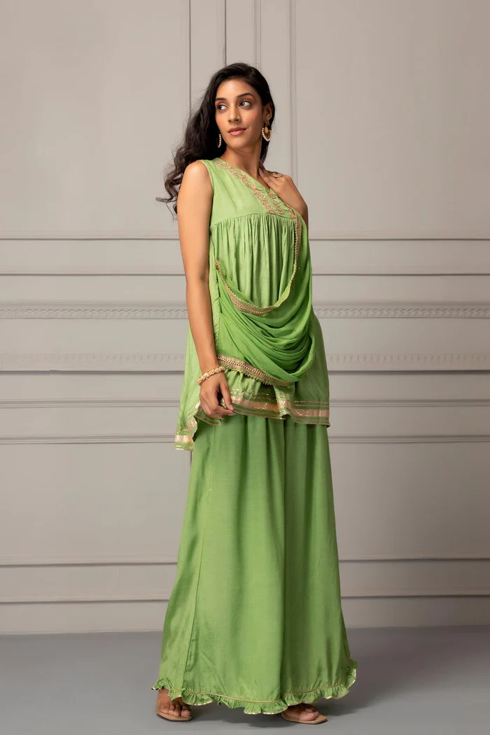 Green Shantoon Handcrafted Gota Patti Fusion Kurta Set
