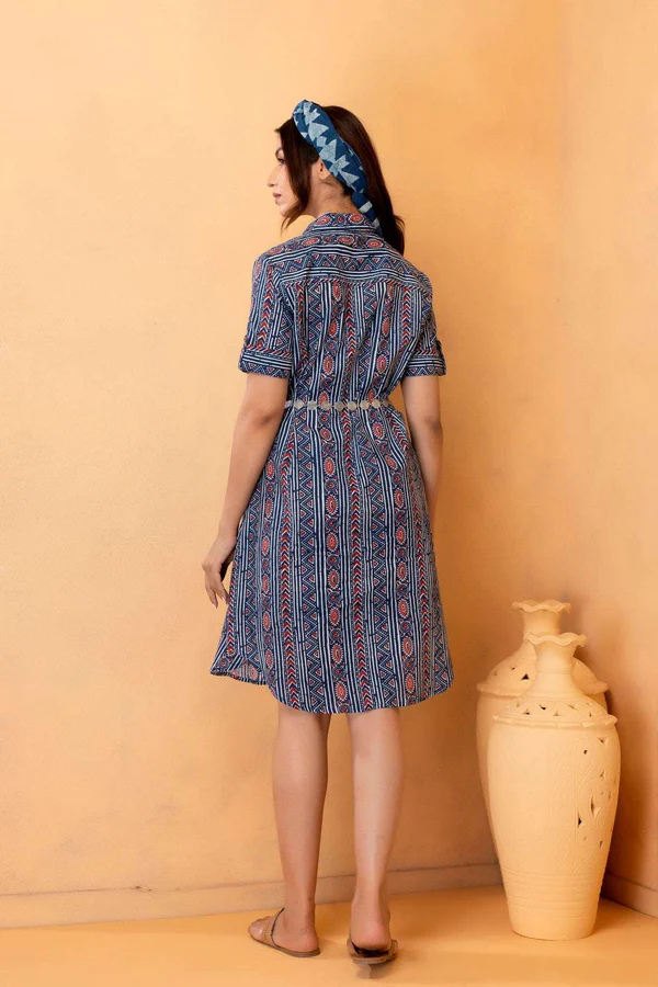 Indigo Cotton Hand Block Printed Shirt Dress With Silver Belt