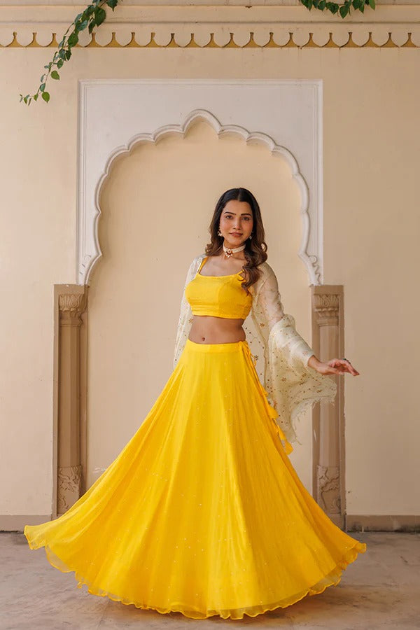 Yellow Chiffon Lehenga With Mukaish Work And Kota Silk Dupatta