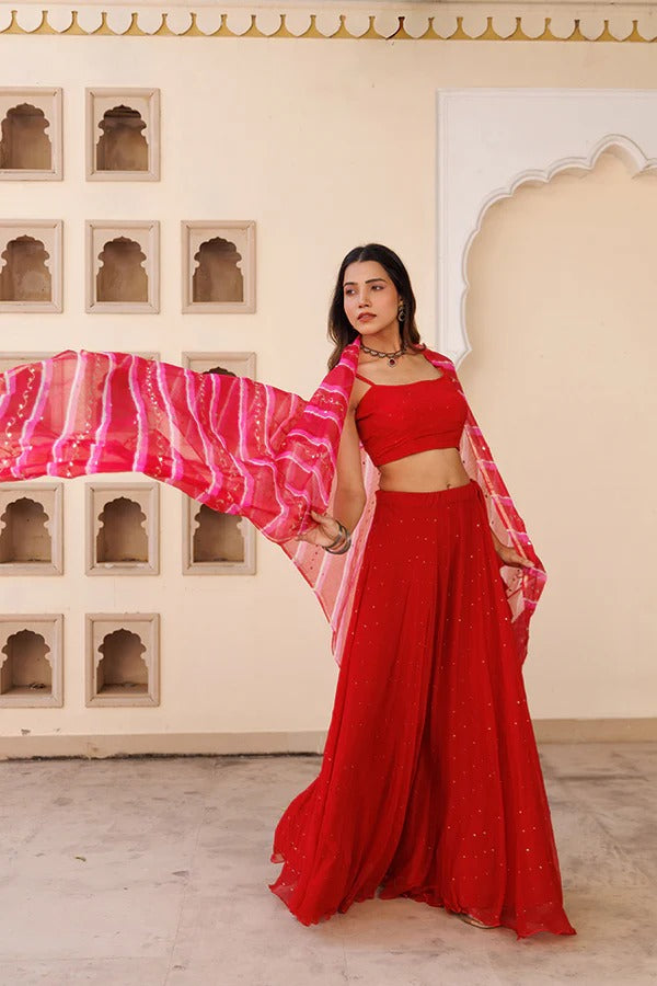 Red Contemporary Lehenga With Mukaish Shimmer And Hand-Dyed Leheriya Kota Silk Dupatta