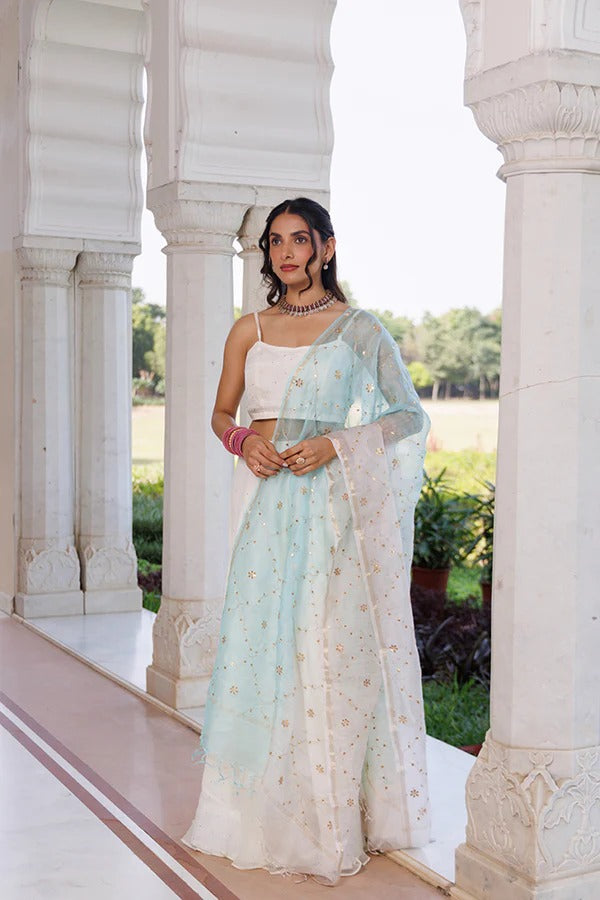Off White Chiffon Lehenga With Mukaish Work And Shaded Kota Silk Dupatta