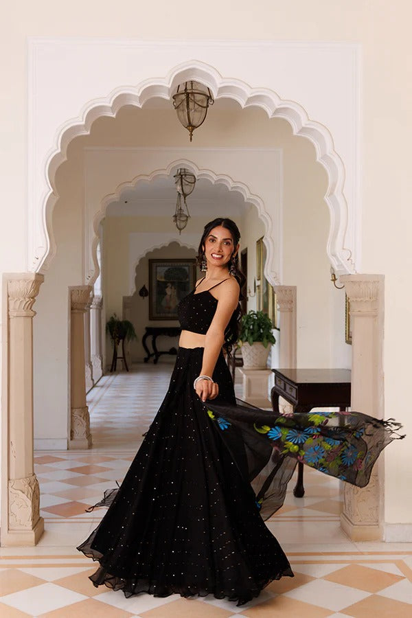 Black Chiffon Lehenga With Mukaish Work & Hand Painted Organza Dupatta