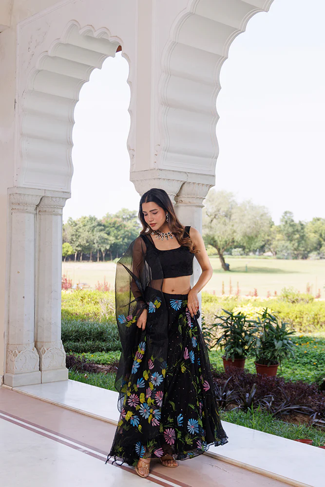 Black Hand-Painted Chiffon Lehenga With Mukaish Work & Hand Painted Organza Dupatta