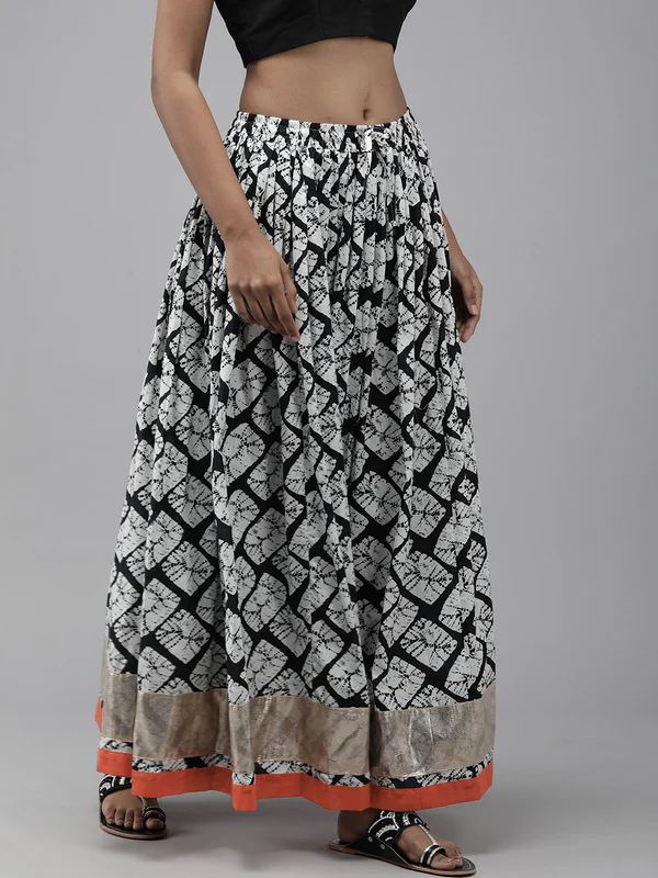 White & Black Hand Block Printed Cotton Skirt With Magzi Border