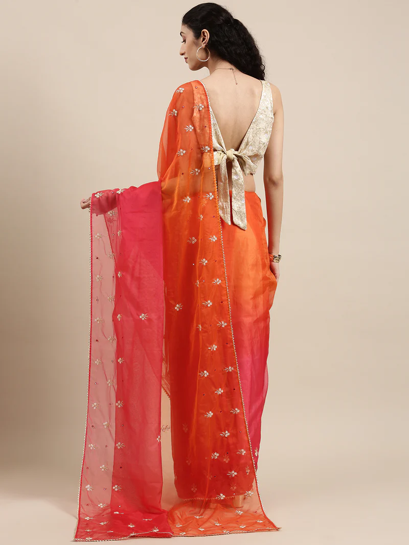 Orange & Red Shaded Handcrafted Organza Saree
