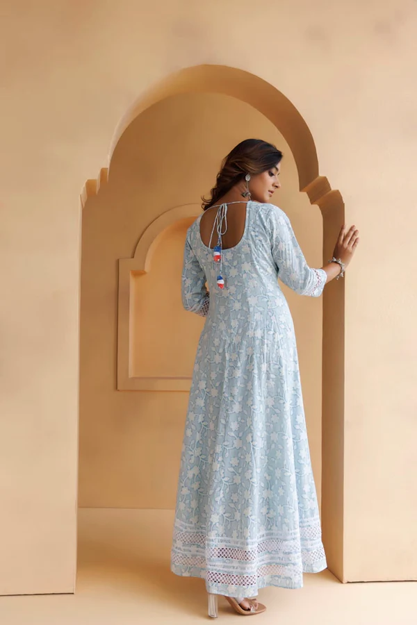 Sky-Blue Cotton Floral Embroidered Long Dress