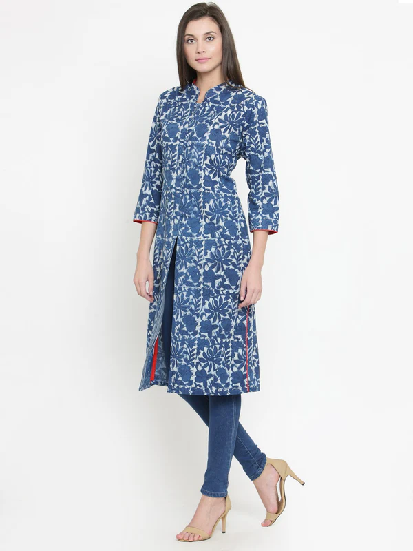 Women Blue Printed Straight Kurta