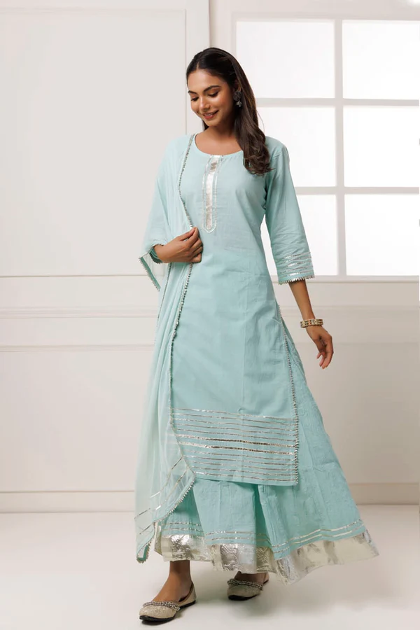 Sea Green Handcrafted Straight Cotton Kurta Set With Dupatta