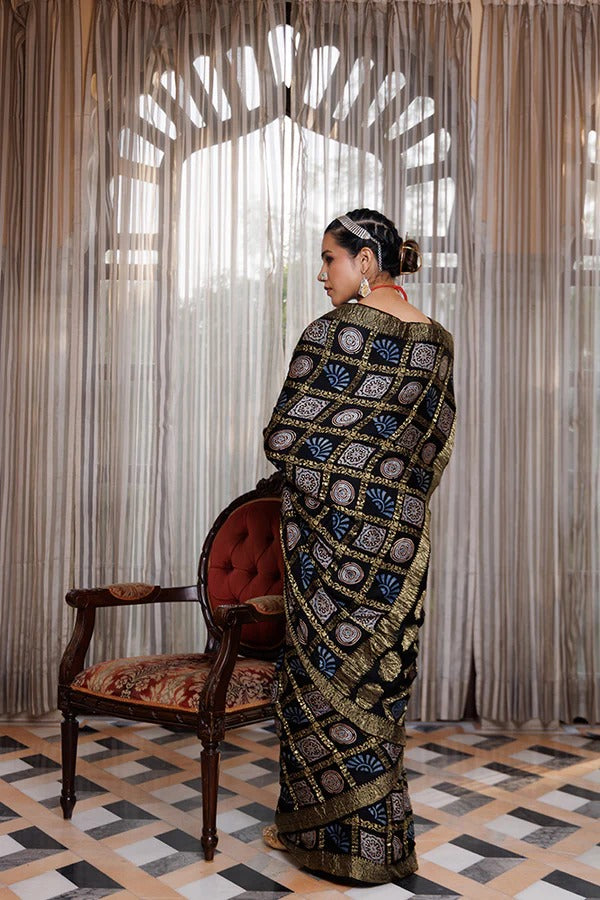 Black Ajrakh Saree With Shimmering All-Over Zari Checks