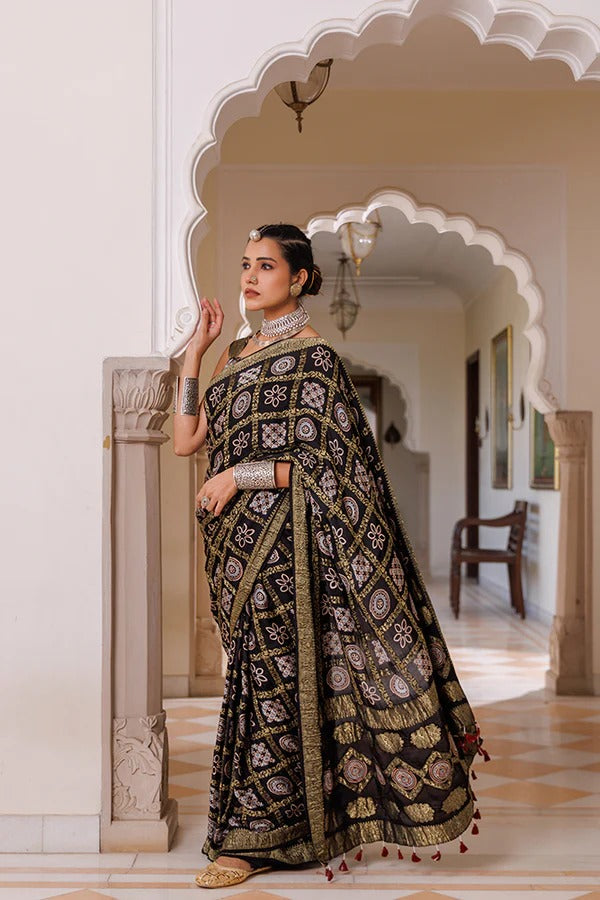Artisanal Black Ajrakh Saree With Zari Check Embellishments