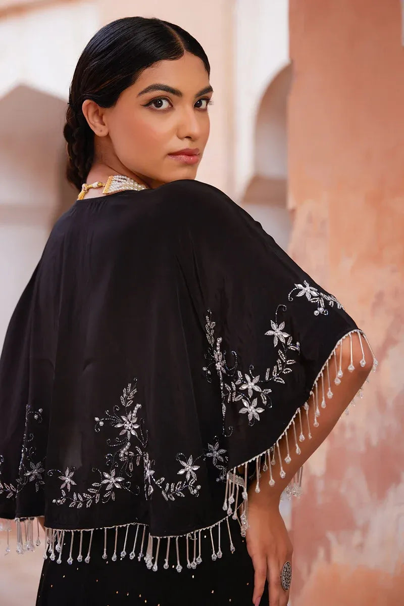Black Chiffon Mukaish Lehenga With Black Hand Embroidered Cape