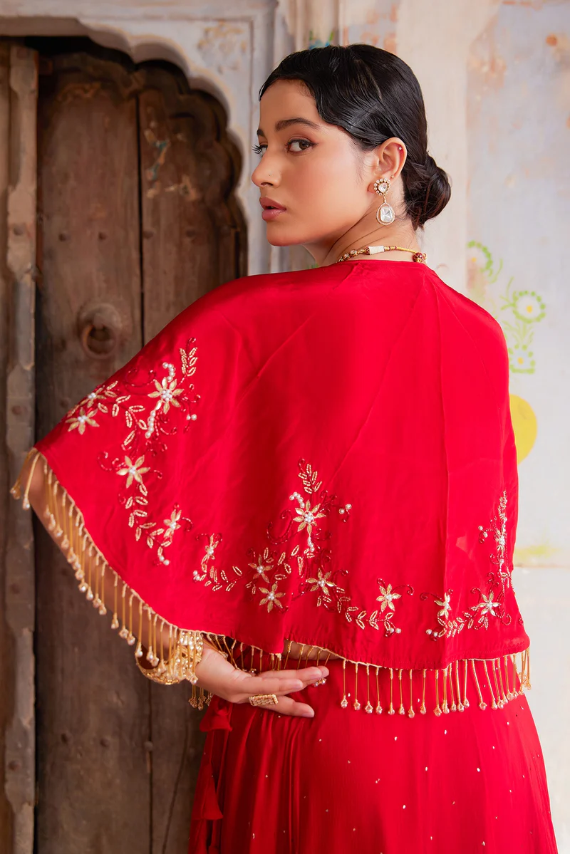 Red Chiffon Mukaish Lehenga With White Hand Embroidered Cape