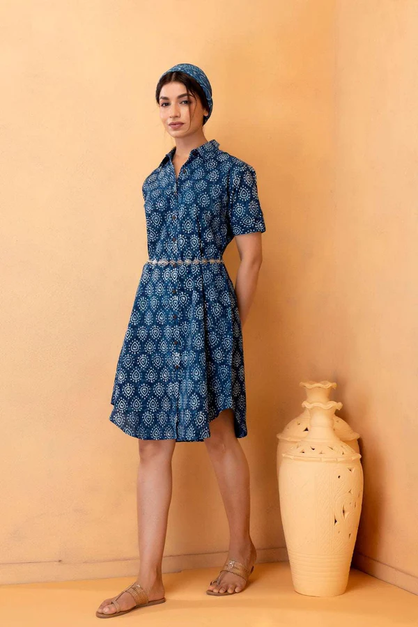 Blue Hand Block Printed Cotton Shirt Dress With Silver Belt