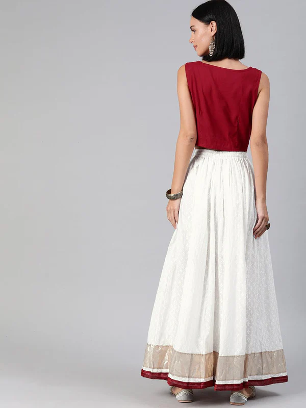 White Handcrafted Cotton Skirt With Crop Top