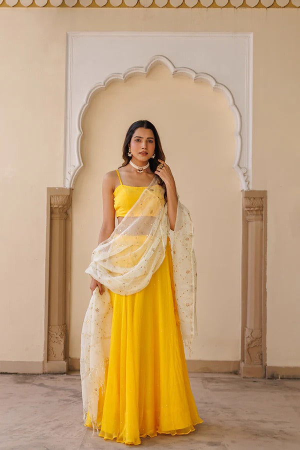 Yellow Chiffon Lehenga With Mukaish Work And Kota Silk Dupatta