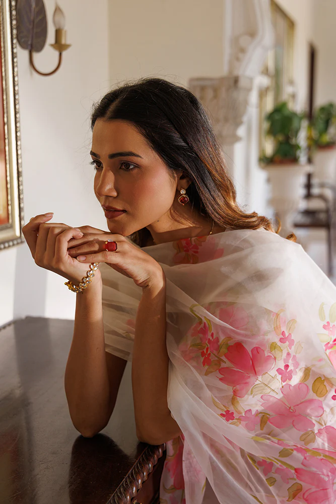 Luxury White Chiffon Lehenga With Mukaish Embellishment And Hand Painted Organza Dupatta