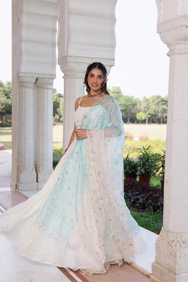 Off White Chiffon Lehenga With Mukaish Work And Shaded Kota Silk Dupatta