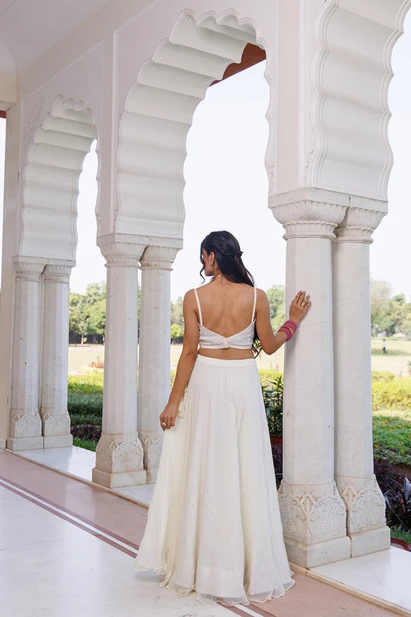 Off White Chiffon Lehenga With Mukaish Work & Hand Painted Organza Dupatta
