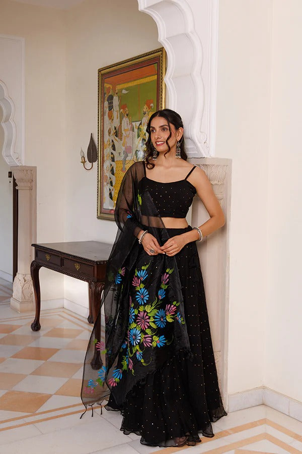 Black Chiffon Lehenga With Mukaish Work & Hand Painted Organza Dupatta