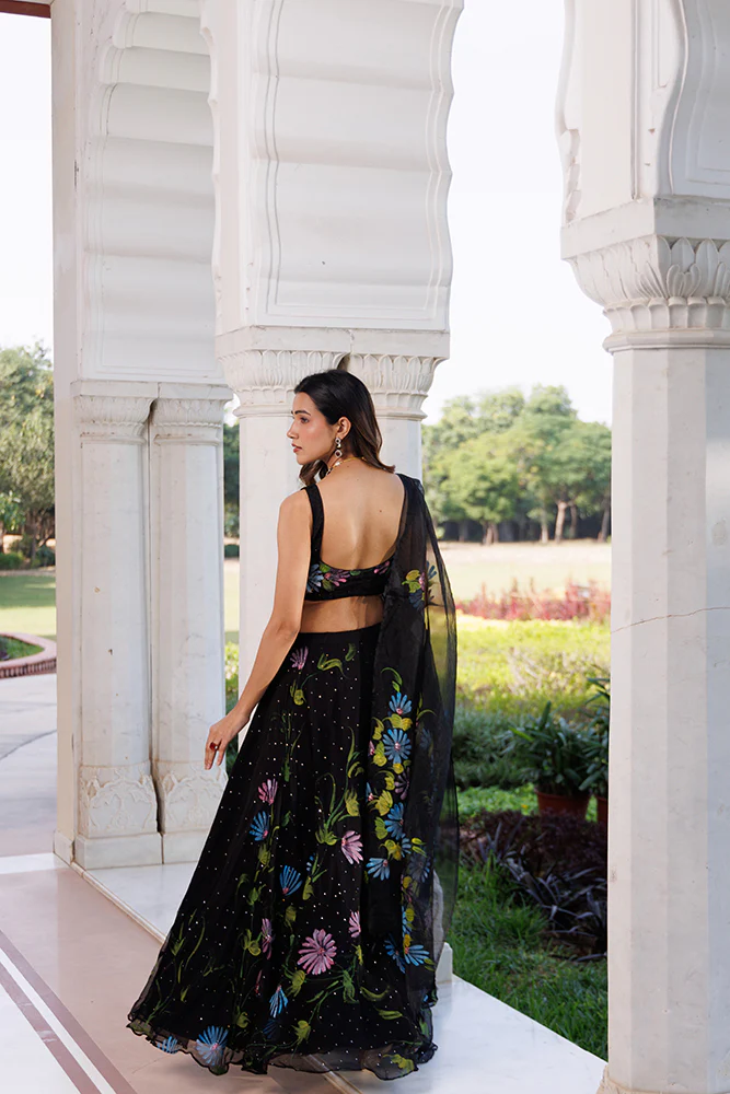 Black Hand-Painted Chiffon Lehenga With Mukaish Work & Hand Painted Organza Dupatta