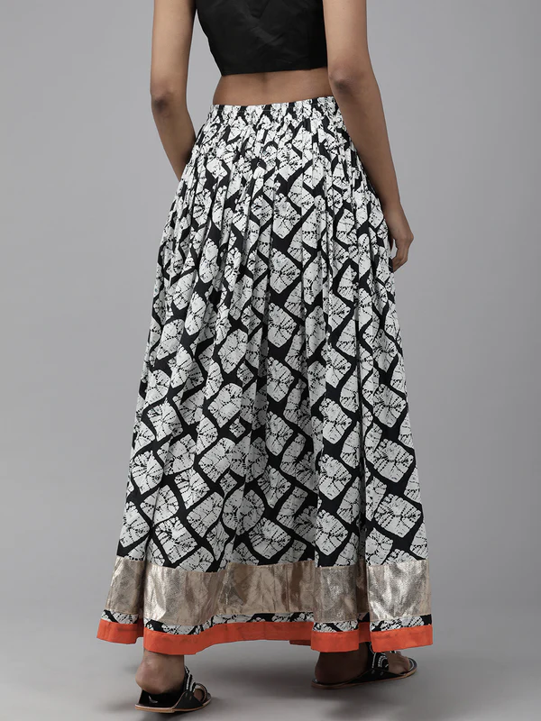 White & Black Hand Block Printed Cotton Skirt With Magzi Border