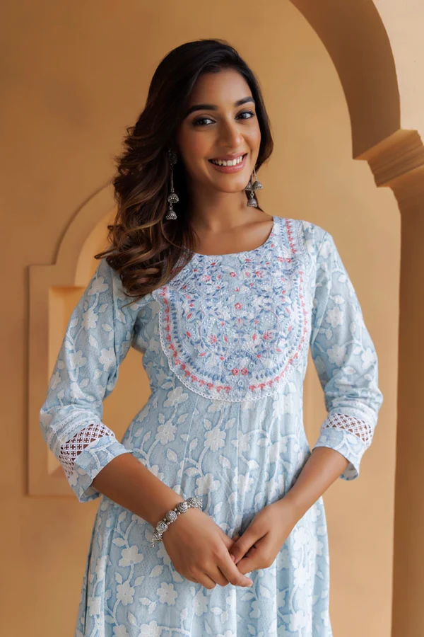 Sky-Blue Cotton Floral Embroidered Long Dress