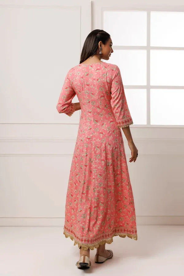 Pink Cotton-Rayon Embroidered Long Dress
