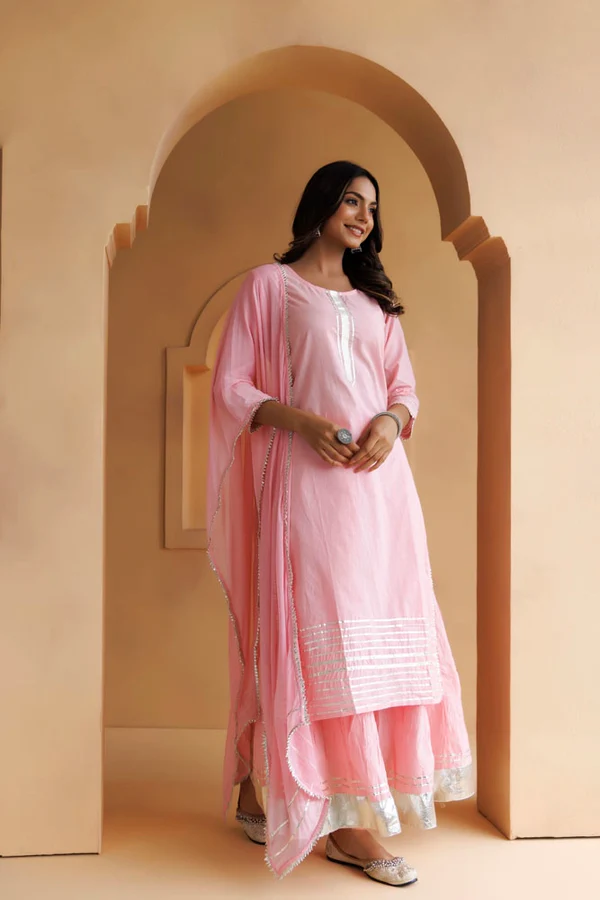 Pastel Pink Handcrafted Straight Cotton Kurta Set With Dupatta