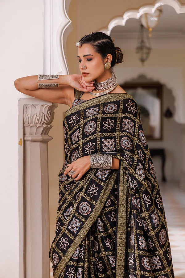 Artisanal Black Ajrakh Saree With Zari Check Embellishments