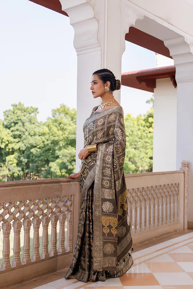 Ajrakh Mink Grey Handcrafted Saree With Elaborate Zari Checks