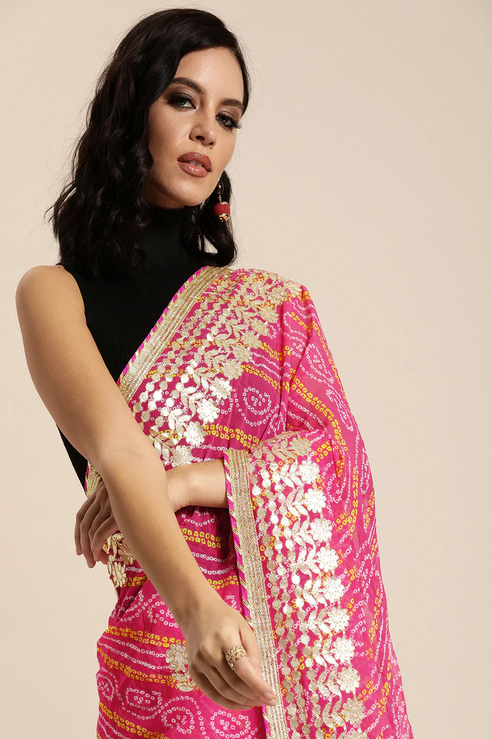 Pink Handcrafted Gota Patti & Bandhani Georgette Saree
