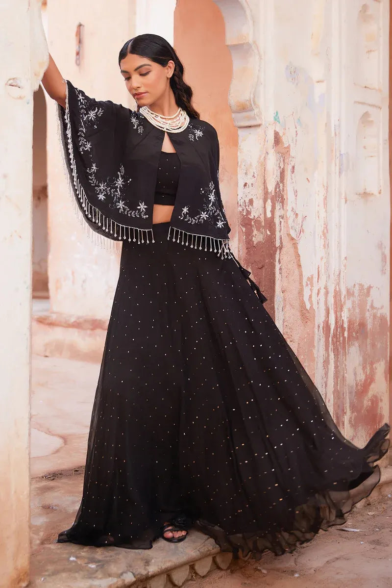 Black Chiffon Mukaish Lehenga With Black Hand Embroidered Cape