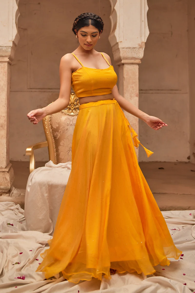 Yellow Chiffon Mukaish Lehenga With White Hand Embroidered Cape