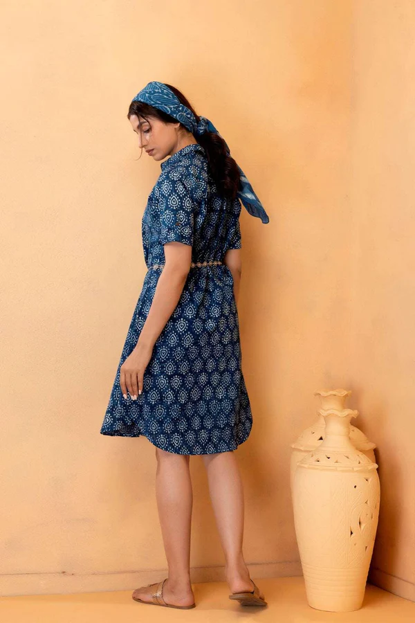 Blue Hand Block Printed Cotton Shirt Dress With Silver Belt
