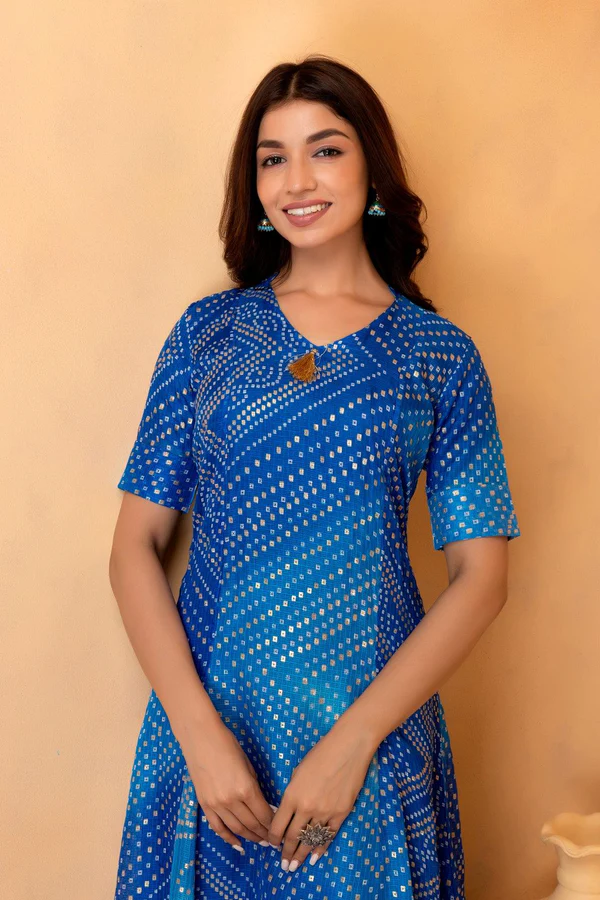 Blue Hand Dyed Kota Silk Bandhani Dress
