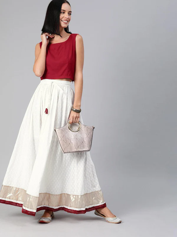 White Handcrafted Cotton Skirt With Crop Top