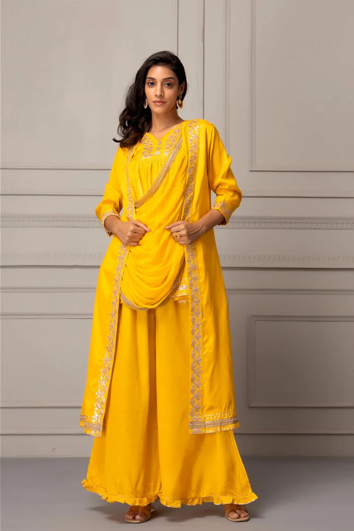 Yellow Shantoon Handcrafted Gota Patti Fusion Kurta Set