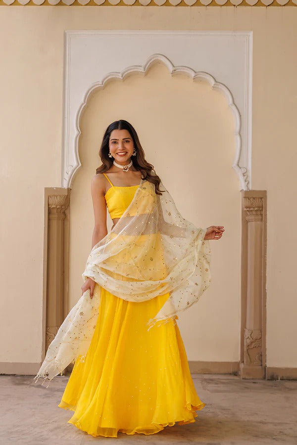 Yellow Chiffon Lehenga With Mukaish Work And Kota Silk Dupatta